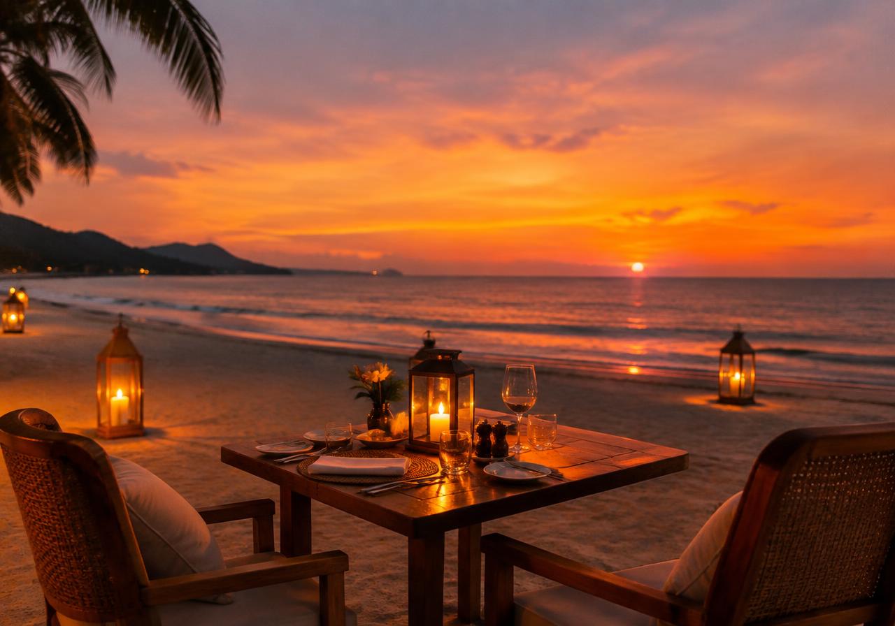 Candlelit dinner on the beach at dusk