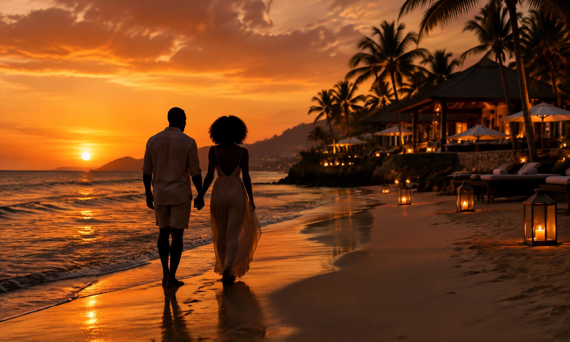 Couple walking along a lantern-lit resort beach at dusk