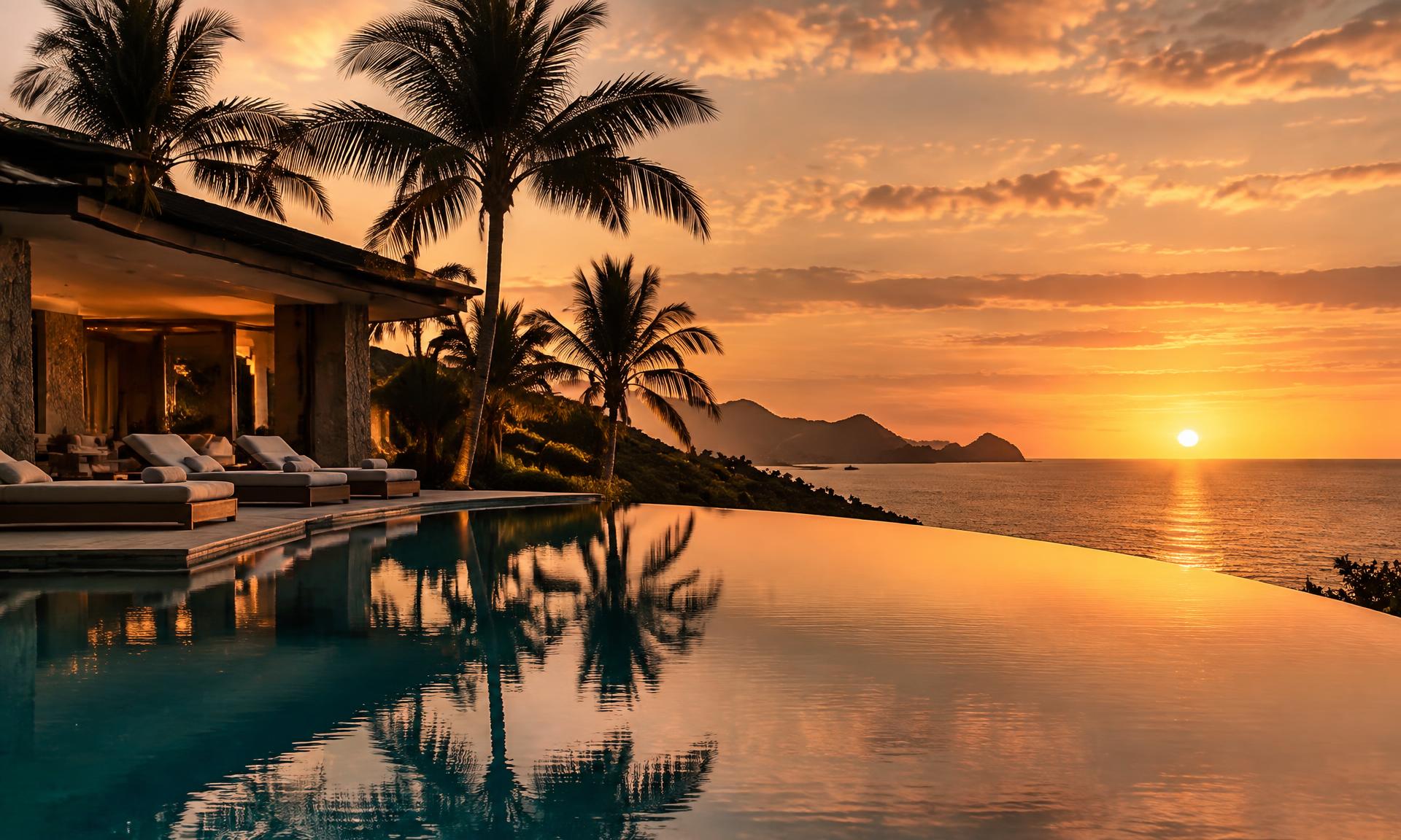 Infinity pool at a luxury oceanfront resort at sunset